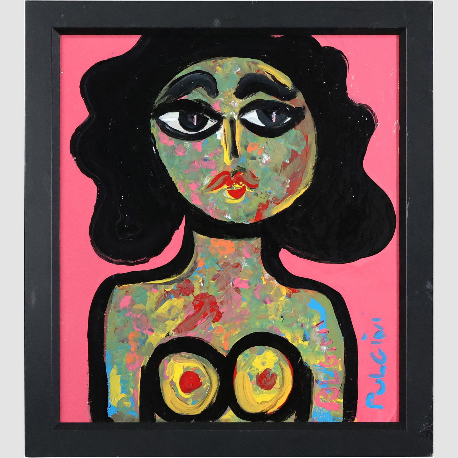 Thomas Pulgini, American, Oil/b Abstract Nude Portrait Pink Background: Thomas Pulgini, American, Oil/b Abstract Nude Portrait Pink Background. Oil on board painting, Signed on verso, framed. Well listed American Artist. size: 16 x 14, 18.25 x 16.25 outside frame. ASKart: