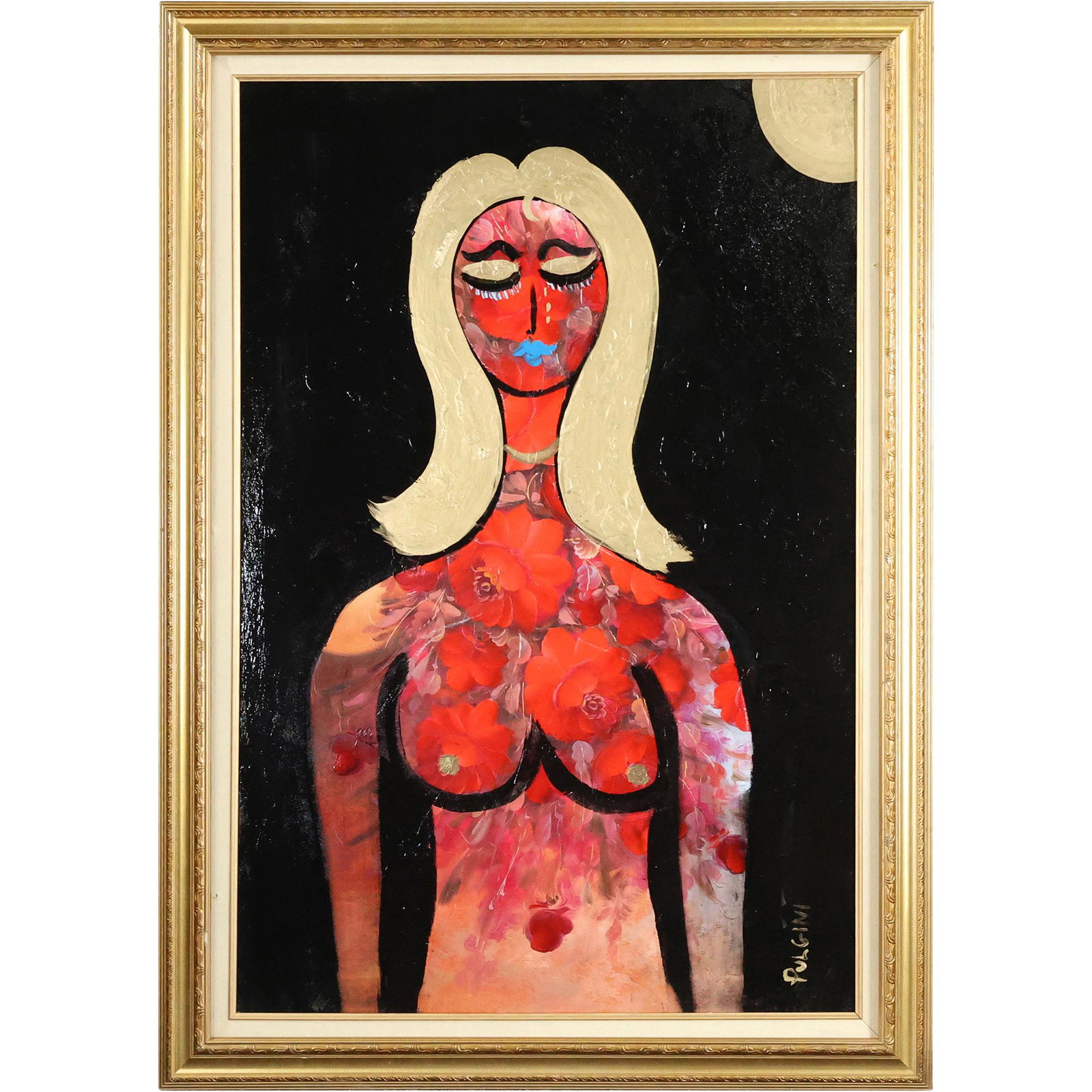 Thomas Pulgini, American, Ol/c, Abstract Nude Female with Golden Hair: Thomas Pulgini, American, Ol/c, Abstract Nude Female with Golden Hair. Oil on canvas painting. Signed on front, Framed. Well Listed American Artist. size: 36 x 24, 41.5 x 29.5 outside frame. Thomas Pu