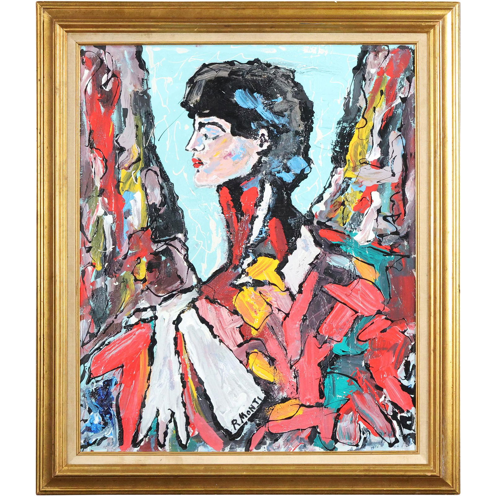 Rocco Monticolo, R MONTI, Oil/c Abstract Painting Portrait Young Woman: Rocco Monticolo, R MONTI, Oil/c Abstract Painting Portrait Young Woman. Oil on Canvas, Signed, Framed. Well Listed American Artist. size: 24 x 20, 28.75 x 24.75 outside frame. ASKArt: Rocco Monticolo