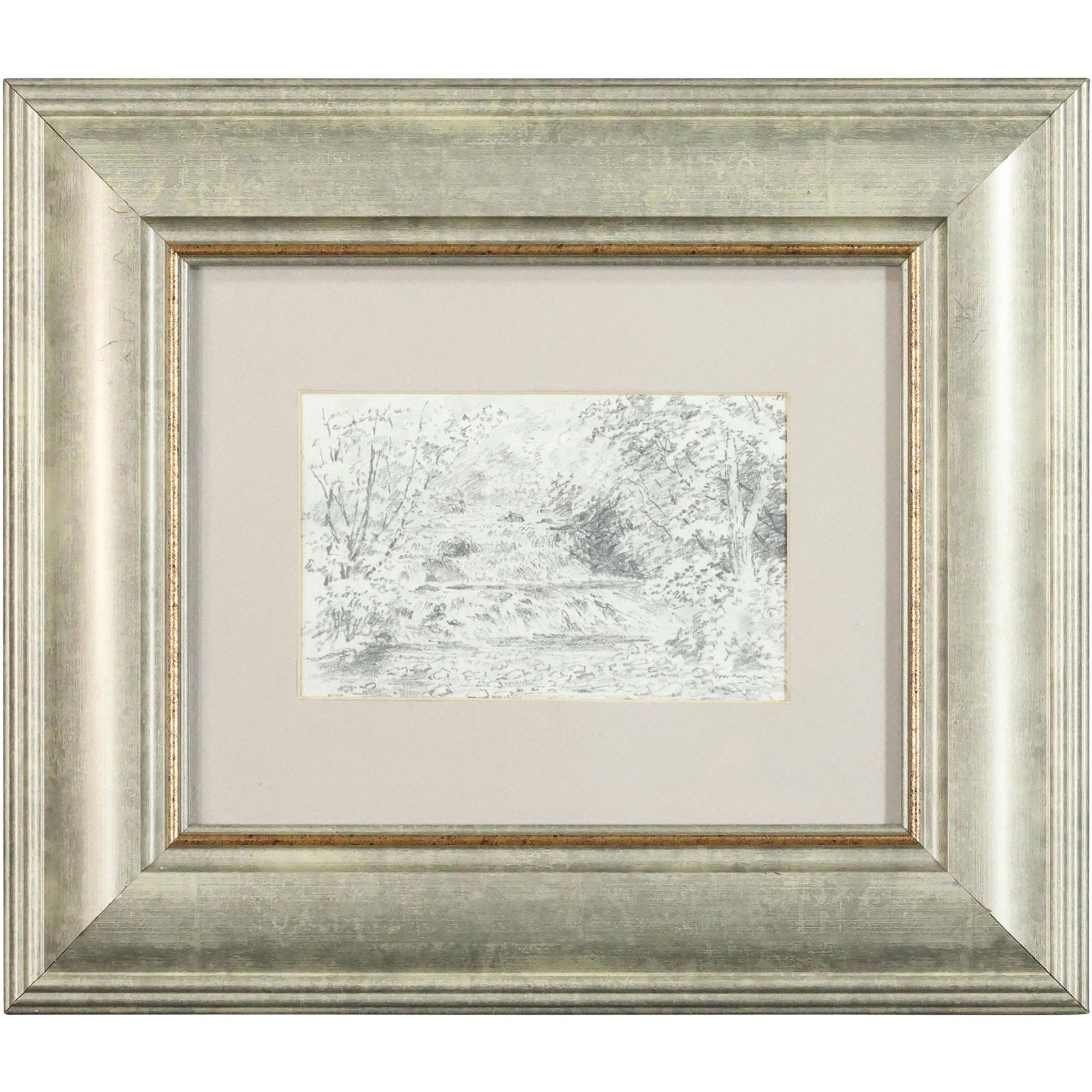 SAMUEL COLEMAN, Signed Pencil Drawing Landscape with Stream, Framed (1 of 10)