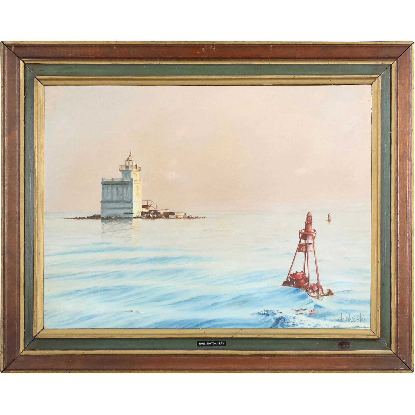 Signed Drinkwater Vintage Oil Painting Lighthouse & Buoy, Huntington Bay (1 of 15)