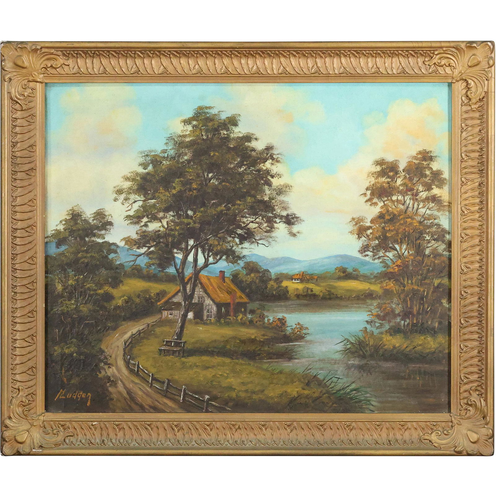 H Ludden, Vintage Oil Painting Cottage by Lake Landscape , Signed, Framed (1 of 12)