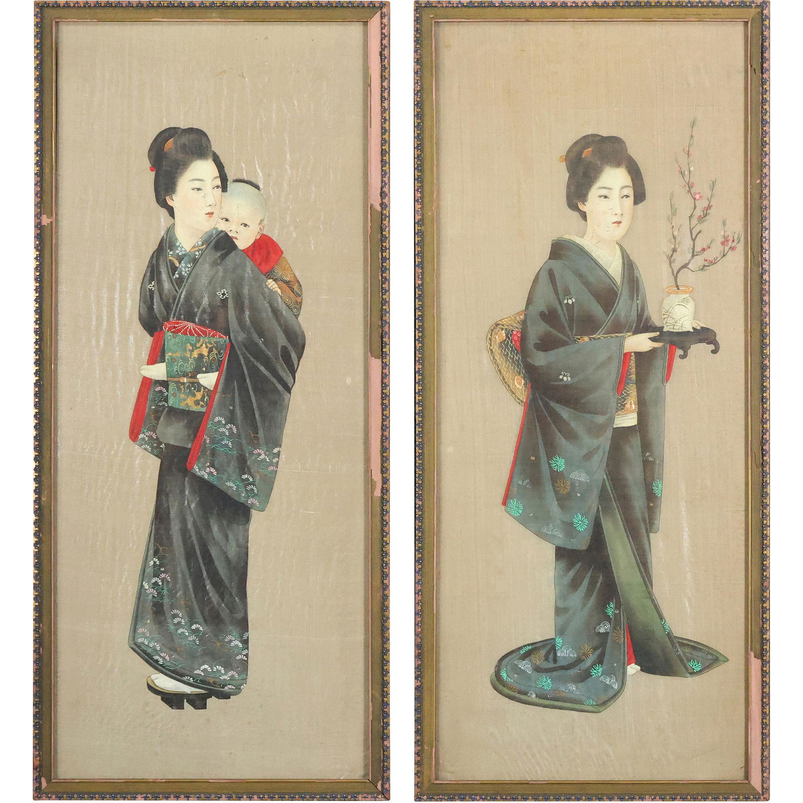 [2] TWO Vintage Oil Paintings Kimono Women Framed (1 of 20)
