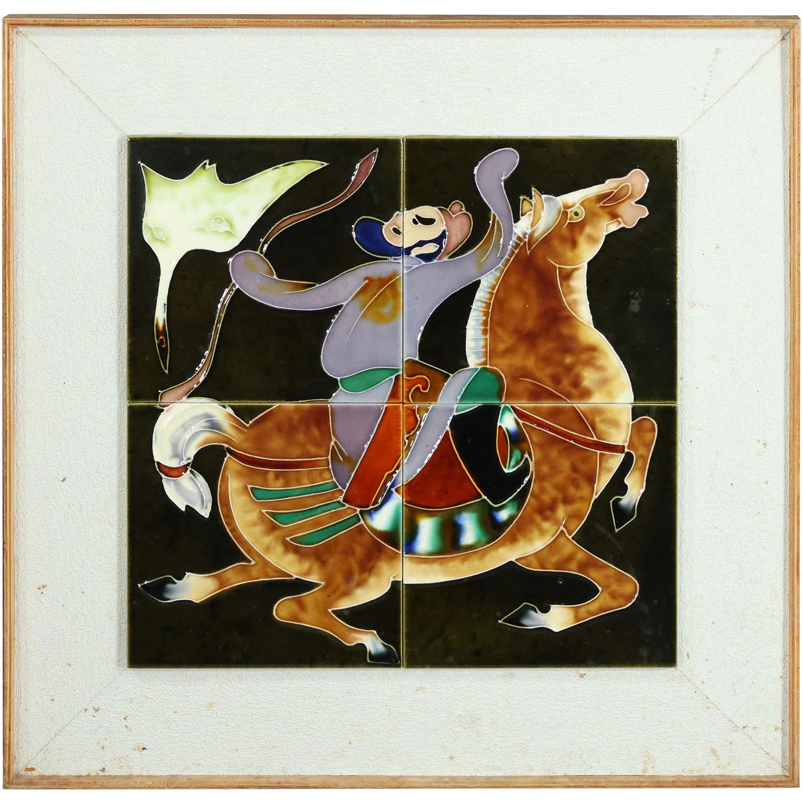 Framed Sculptured Glazed Tiles Framed Man on Horse Wall Plaque (1 of 13)