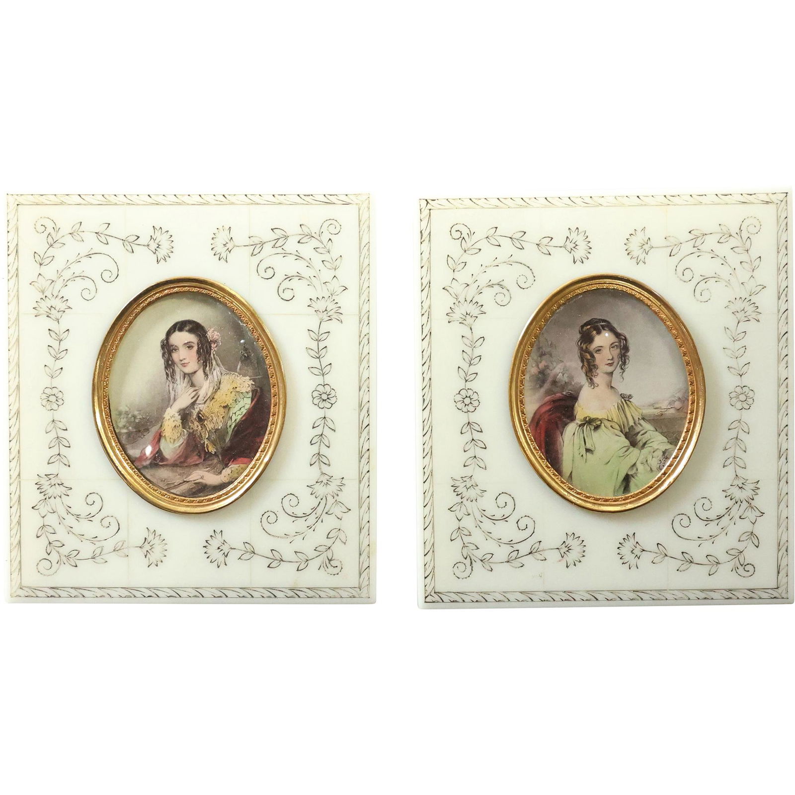 [2] TWO French Miniature Portrait Prints with Paint Highlights in Matching Frames (1 of 12)