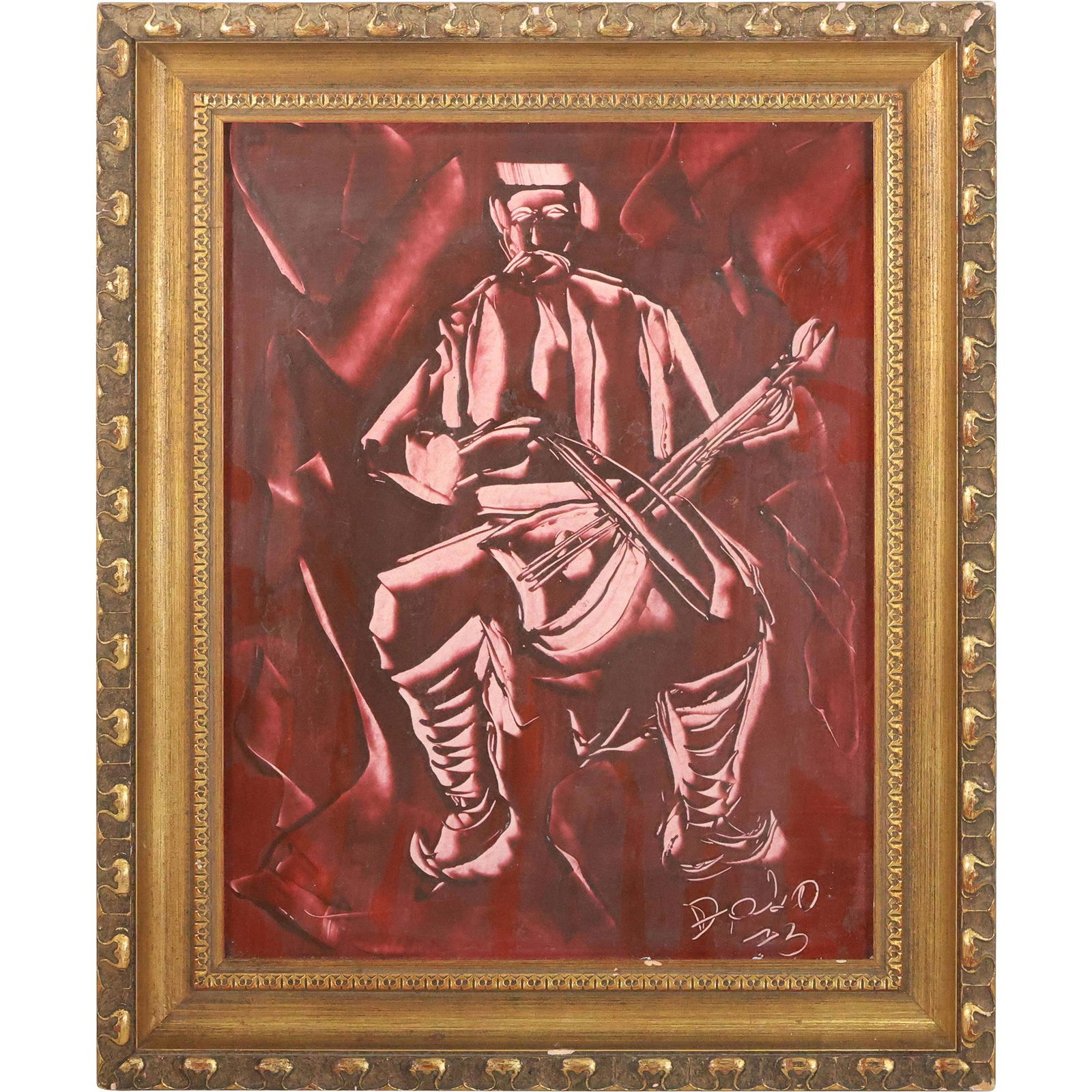 Signed Mid-Century Modern Oil Painting Man Playing a Bowed Mandolin (1 of 12)
