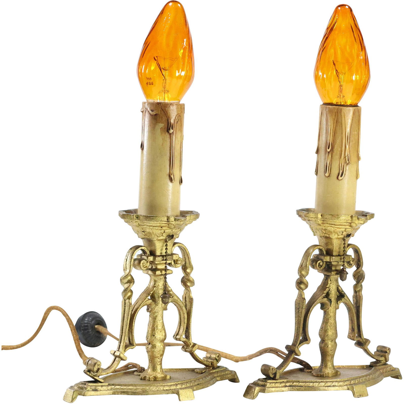 [2] TWO Arts & Crafts Cast Metal Base Electric Candle Lamps (1 of 11)