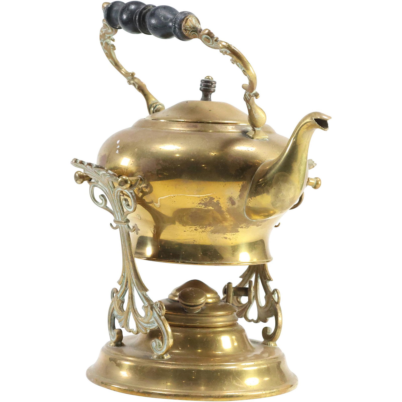 Vintage Continental Brass Teapot on Warming Cradle: Vintage Continental Brass Teapot on Warming Cradle. size: 11 x 8.5 w/ handle up