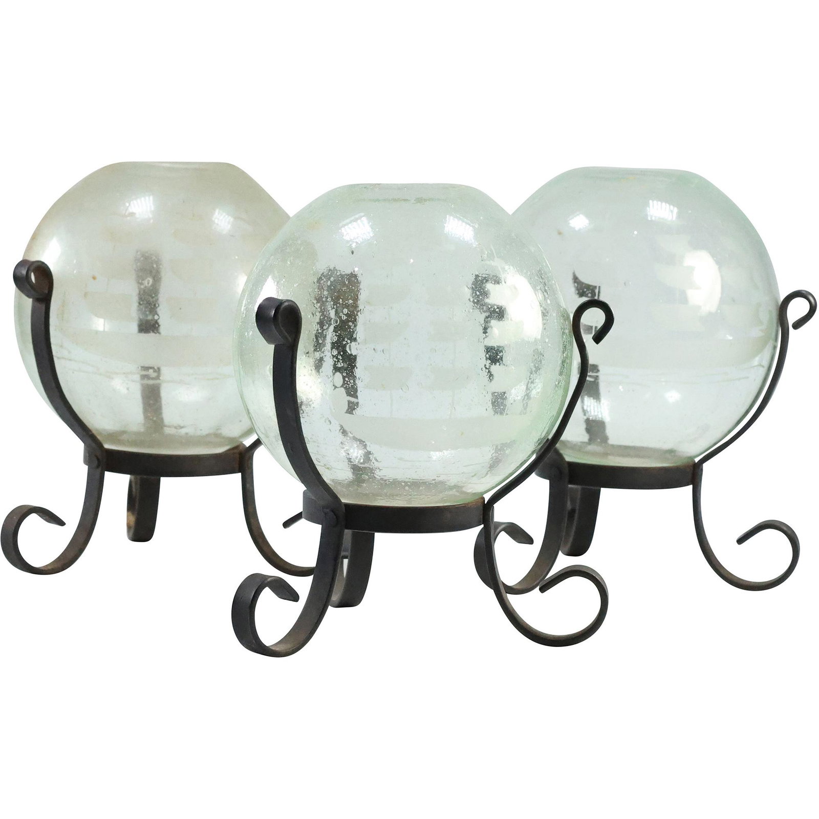 [3] Etched Full Sail Clipper Ship Glass Ball Candle Lamps in Iron Holders: [3] Etched Full Sail Clipper Ship Glass Ball Candle Lamps in Iron Holders. size: 6.75 x 5.75
