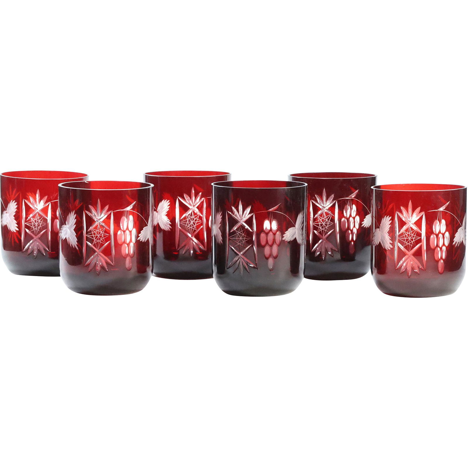 [6] SIX Bohemian Glass Red Cut to Clear Cocktail Glasses Grapes, Leaves, Stars (1 of 7)