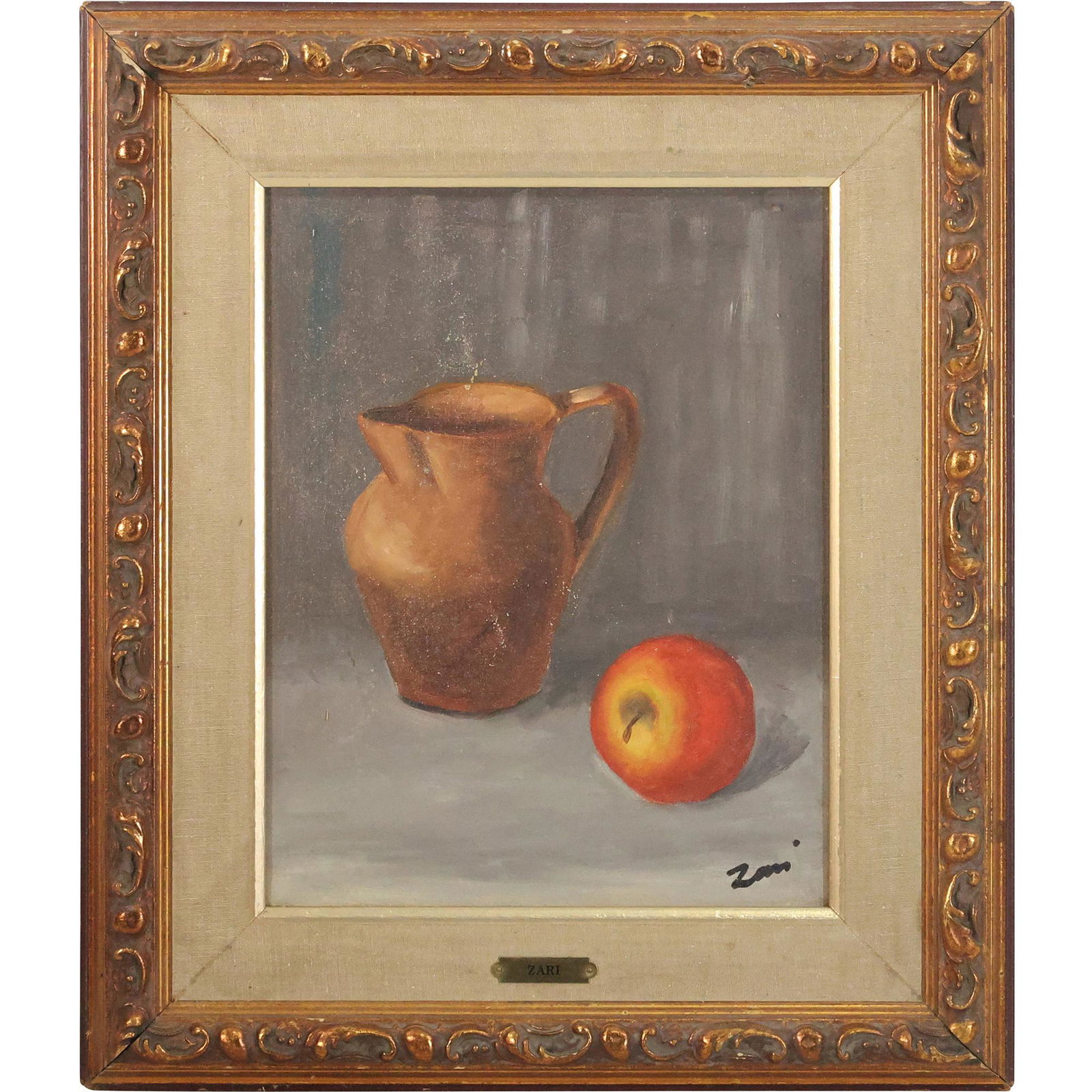 Antonio Zari, Italy, Vintage Oil on Canvas Painting Still Life Pitcher & Apple (1 of 12)