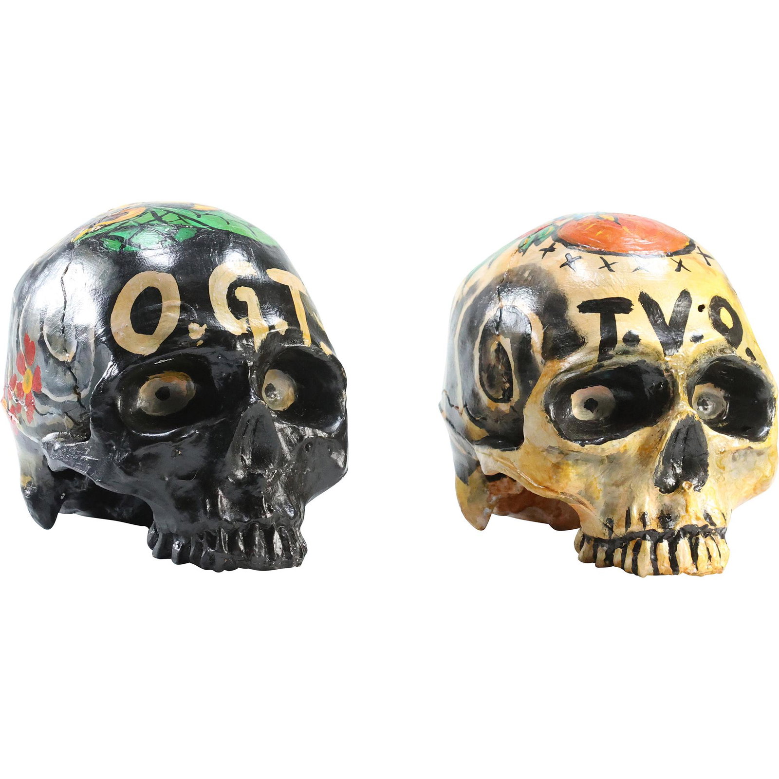 [2] TWO Street Artist Painted SKULL Sculptures: T.V.O. ; O.G.T.; Dr Lakro: [2] TWO Street Artist Painted SKULL Sculptures: T.V.O. ; O.G.T.; Dr Lakro. size: 5 x 4 x 6