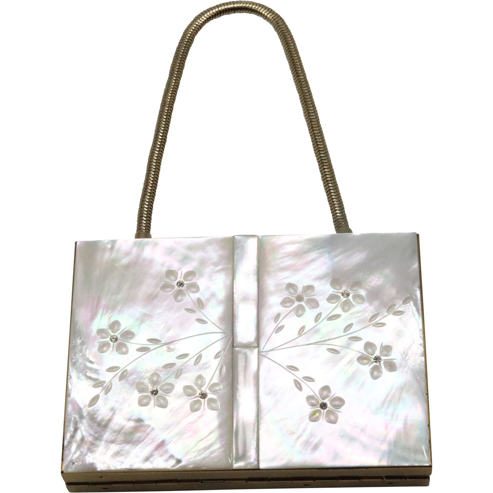 Vintage Cosmetic Compact Purse with MOP Etched Floral Panels (1 of 10)