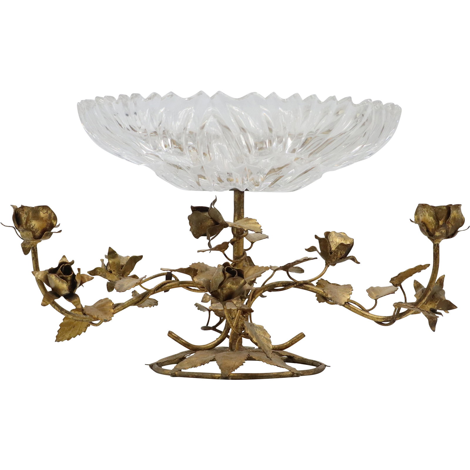 HOLLYWOOD REGENCY Gold Gilt Flowers Metal Base Glass Bowl Compote Centerpiece: HOLLYWOOD REGENCY Gold Gilt Flowers Metal Base Glass Bowl Compote Centerpiece. size: 9.5h 17.5w