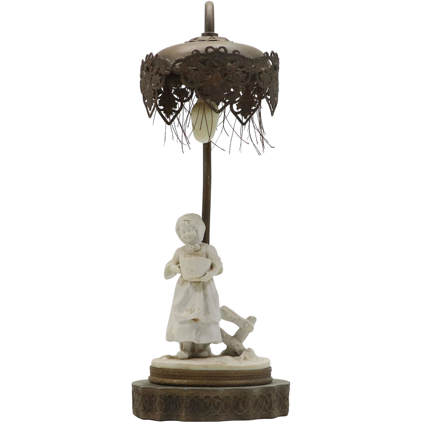 Antique French Boudoir Lamp Brass with White Parian Bisque Girl Holding Duck in Basket (1 of 10)
