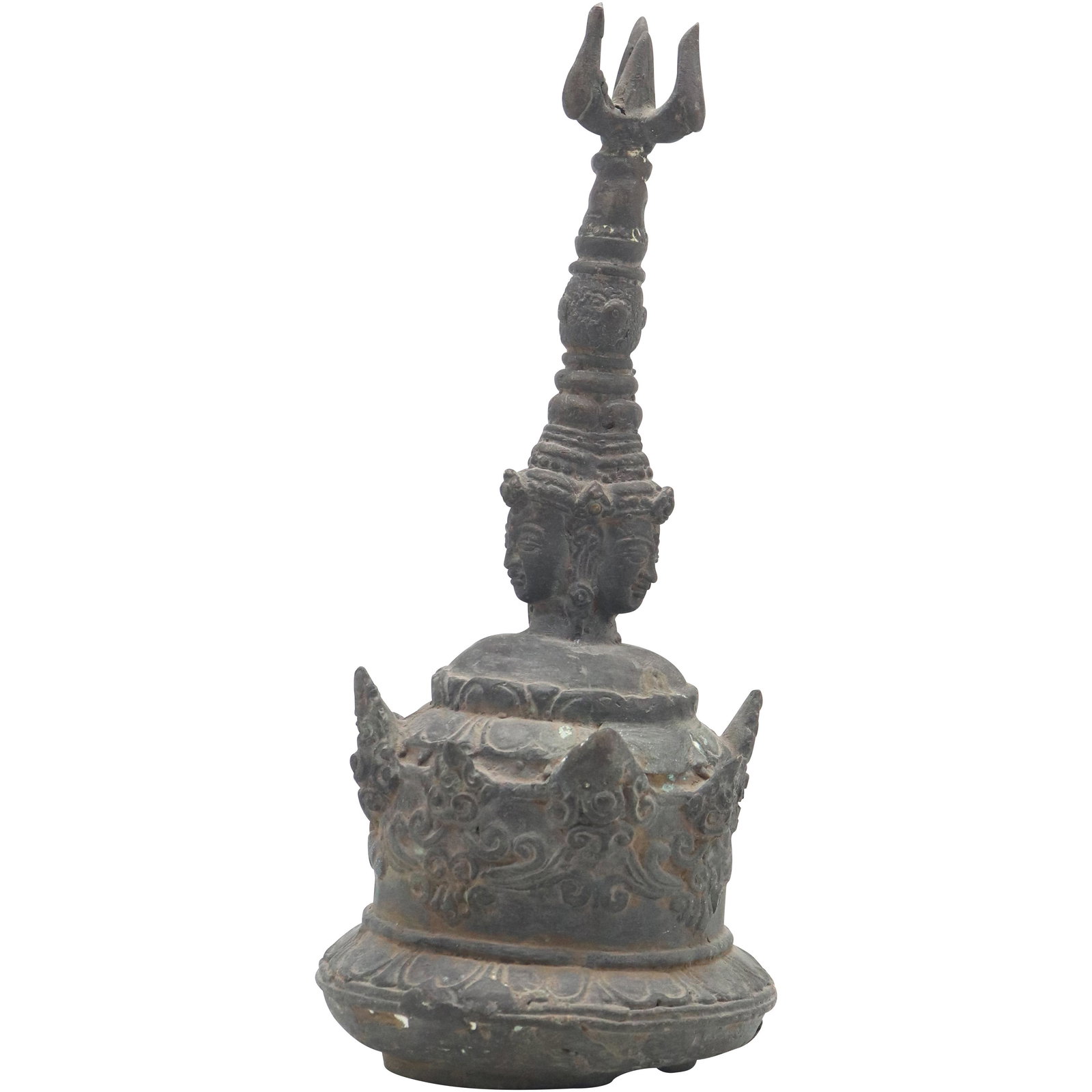 19th C. Bronze Asian Handled Bell with Buddha Heads - Old dark patina finish (1 of 10)