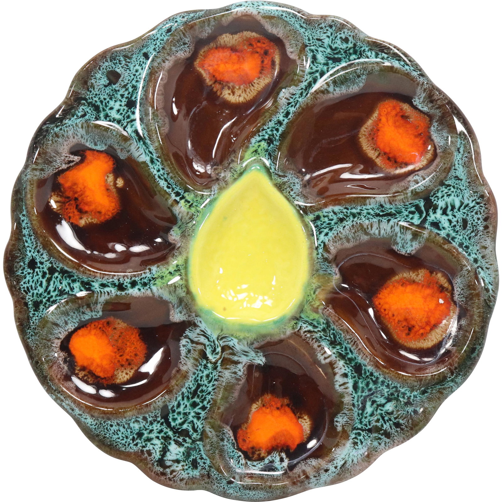 1950s Colorful Glazed Ceramic OYSTER PLATE. Signed on base. (1 of 8)