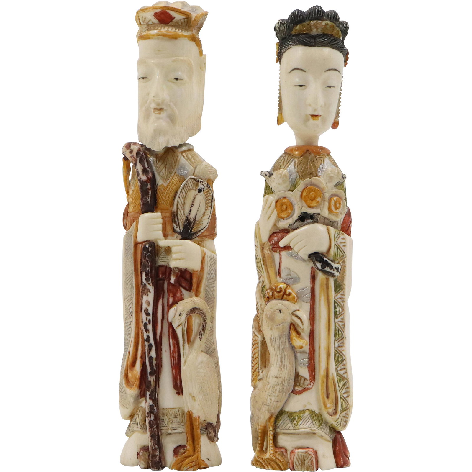 [2] TWO Carved Bone Chinese Snuff Bottles Man and Woman: [2] TWO Carved Bone Chinese Snuff Bottles Man and Woman. size: 5 1/8 x 1/8