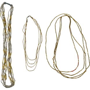 [3] Beaded Necklaces Multi Strand Clear / Yellow; Amber Glass Beads; Amber Gold 3-Strand: [3] Beaded Necklaces Multi Strand Clear / Yellow 31 in. x 1/2 in. ; Amber Glass Beads 96 in. x 1/8 in. ; Amber Gold 3-Strand 17 in. x 1/4 in. .