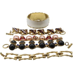 Lilly Pulitzer Bangle Enameled White; Bamboo GT Bracelet; GT Pink Faux Pearl Bracelet,: Lilly Pulitzer Bangle Enameled White; Bamboo GT Bracelet; GT Pink Faux Pearl Bracelet, Black Stone Toggle Bracelet; Large Purple Amethyst Bracelet.