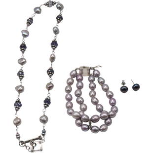 .925 Sterling Silver Bead Necklace, Bead Bracelet and Pearl Earrings: .925 Sterling Silver Bead Necklace, Bead Bracelet and Pearl Earrings. All 3 marked .925