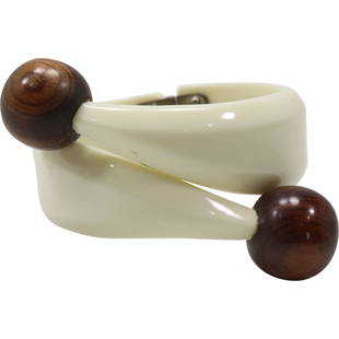 White Bakelite and Rosewood Balls Designer Cuff Bracelet 2.5 in. x 2.5 in. x 2 in.: White Bakelite and Rosewood Balls Designer Cuff Bracelet 2.5 in. x 2.5 in. x 2 in.