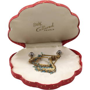 10K Gold Large Earrings with Turquoise & Cultured Pearl in Original Shell Box: 10K Gold Large Earrings [screw backs] with Turquoise & Cultured Pearl 3 in. x 1 1/2 in. in Original Shell Box 5 1/2 in. x 4 1/2 in. x 1 in.