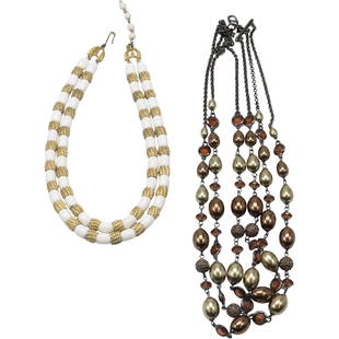 [2] TRIFARI Necklaces: 2-Strand White & Gold Tone / 3-Strand Gold and Bronze Tones: [2] TRIFARI Necklaces: 2-Strand White & Gold Tone 14 in. x 3/4 in. / 3-Strand Gold and Bronze Tones 20 in. x 1 1/2 in.