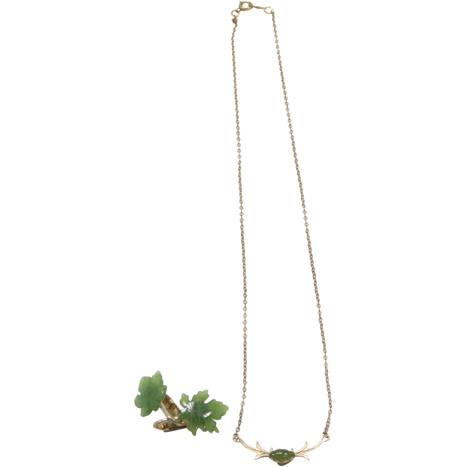 12K Gold and Jade Necklace 16 in. x 1/4 in. & Green Leaf Earrings 1 in. x 1/2 in. (1 of 6)