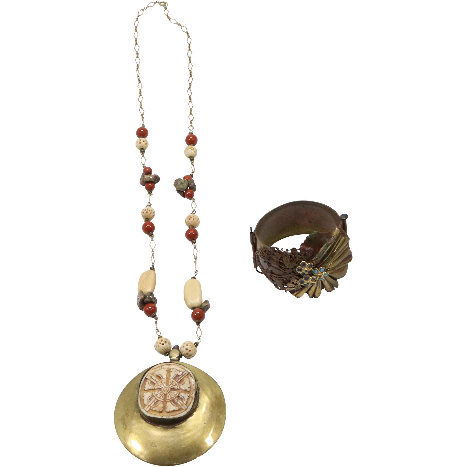 12K Chain & Brass, Bone, Jasper Necklace 28 in. x 3 1/2 in. x 3 in. & Bangle 2.5 in. x 2.5 in. x 1.2: 12K Chain & Brass, Bone, Jasper Necklace 28 in. x 3 1/2 in. x 3 in. & Bangle 2.5 in. x 2.5 in. x 1.25.