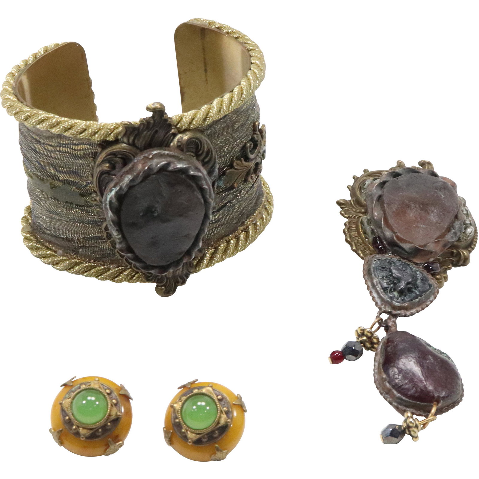 Costume Cuff Bracelet Raw Amber Stone; Pin Raw Amber & Bakelite Green Stone Earrings (1 of 11)