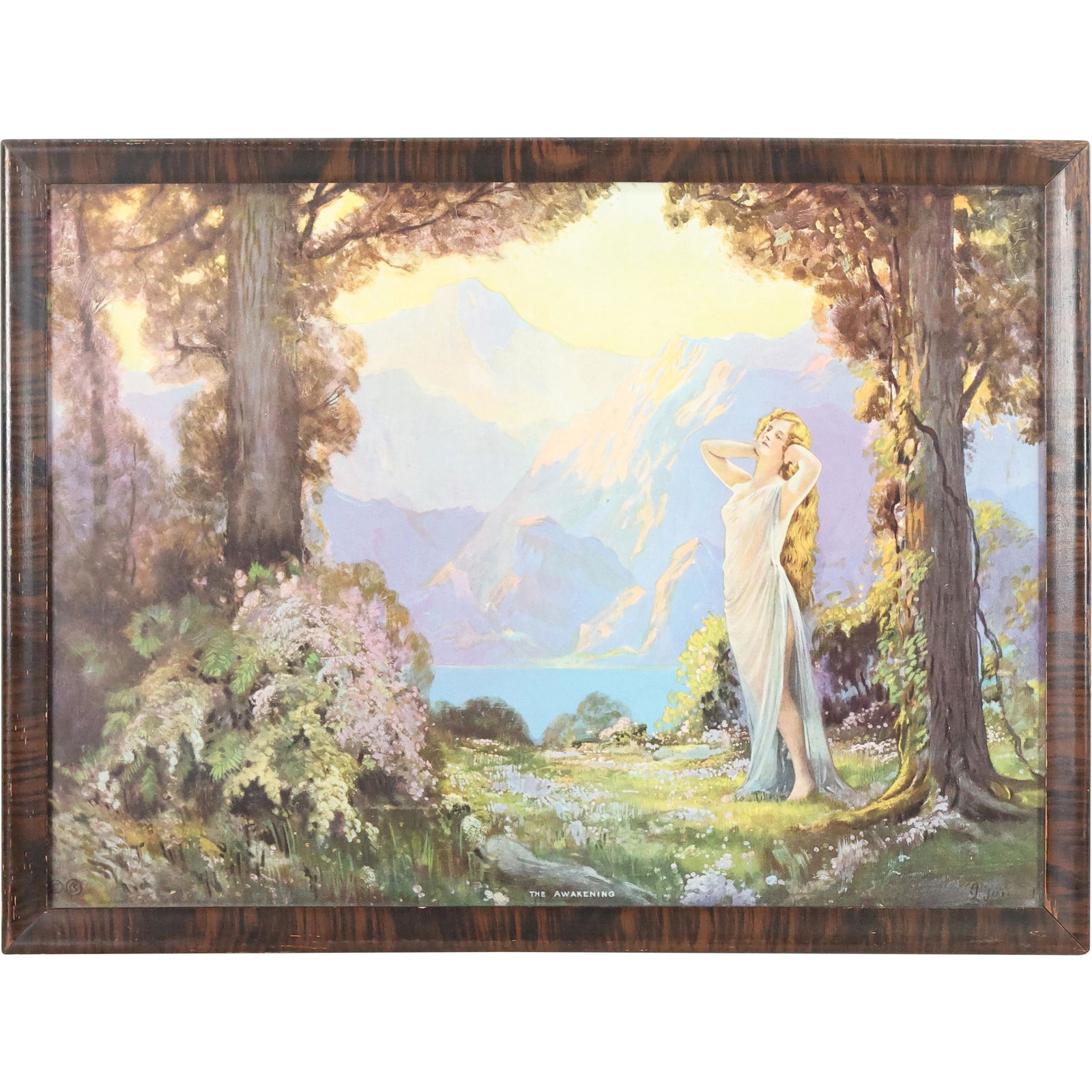 Circa 1920 Maxfield Parrish Style Woman in Landscape Opening, Lake, Mountains (1 of 20)