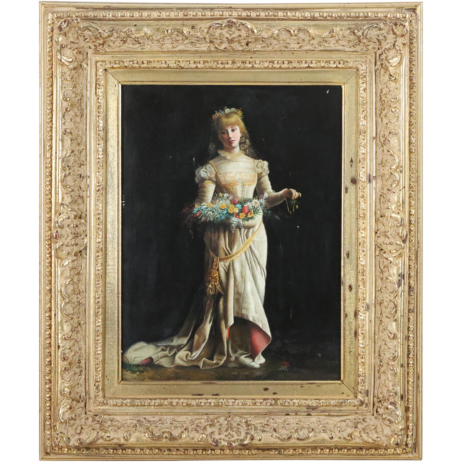 Fine Quality 20th C Oil Painting Young Renaissance Woman Holding Bouquet Flowers (1 of 10)