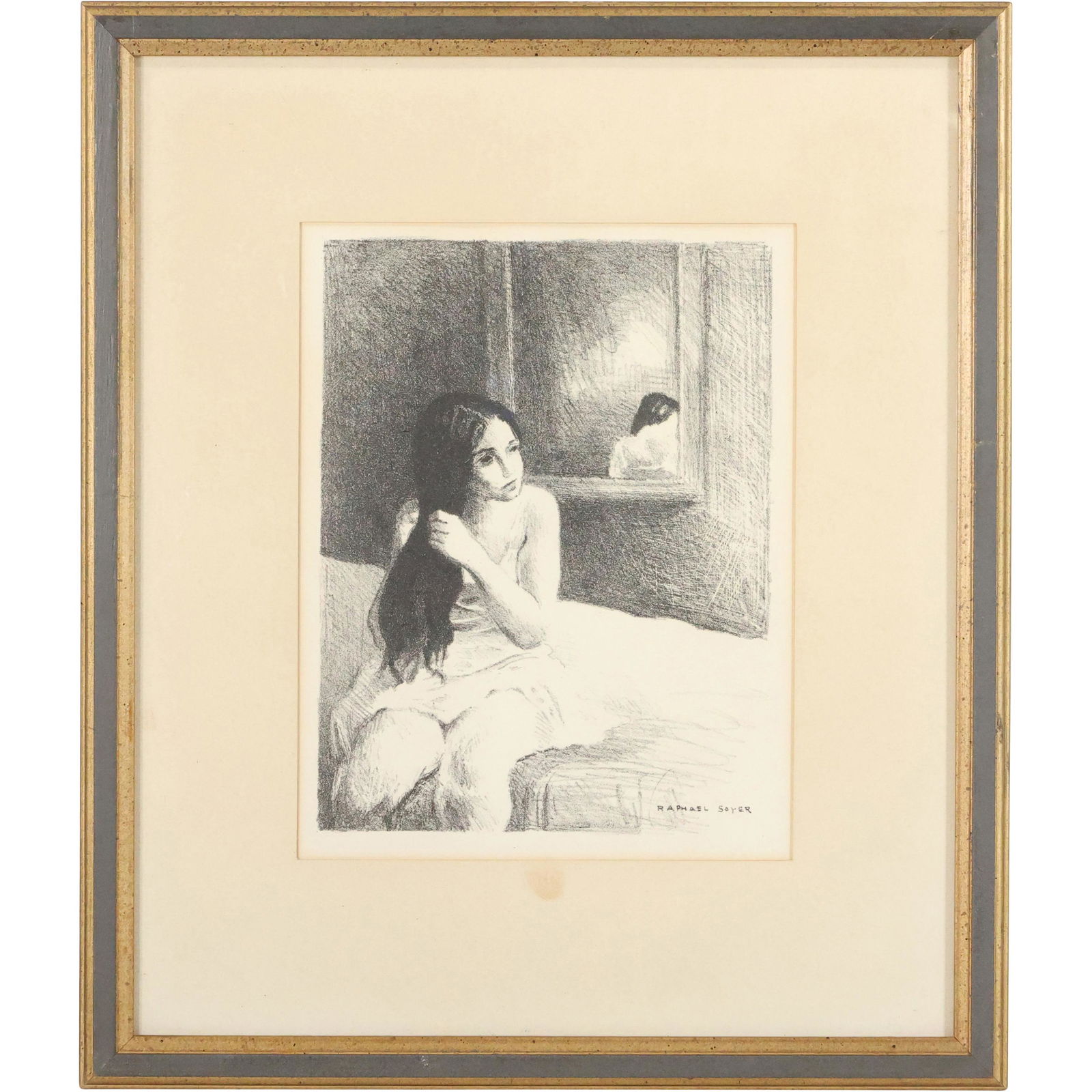 Raphael Soyer, Original Vintage Lithograph Young Girl with Long Hair Sitting on Bed (1 of 10)