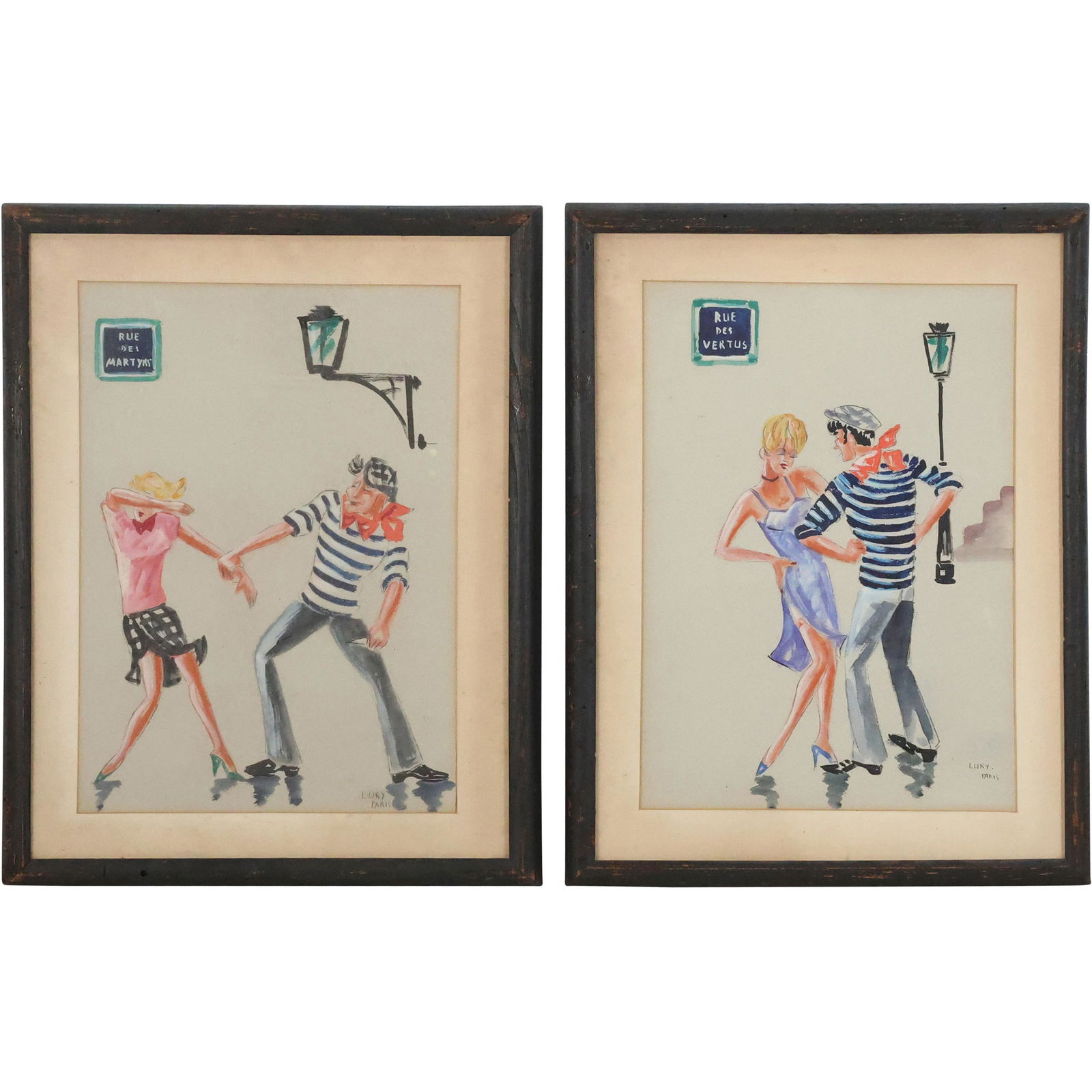 L LIKY Paris [2] Two Watercolors Courting Couple in Paris Street Scene, Framed. Vintage (1 of 20)