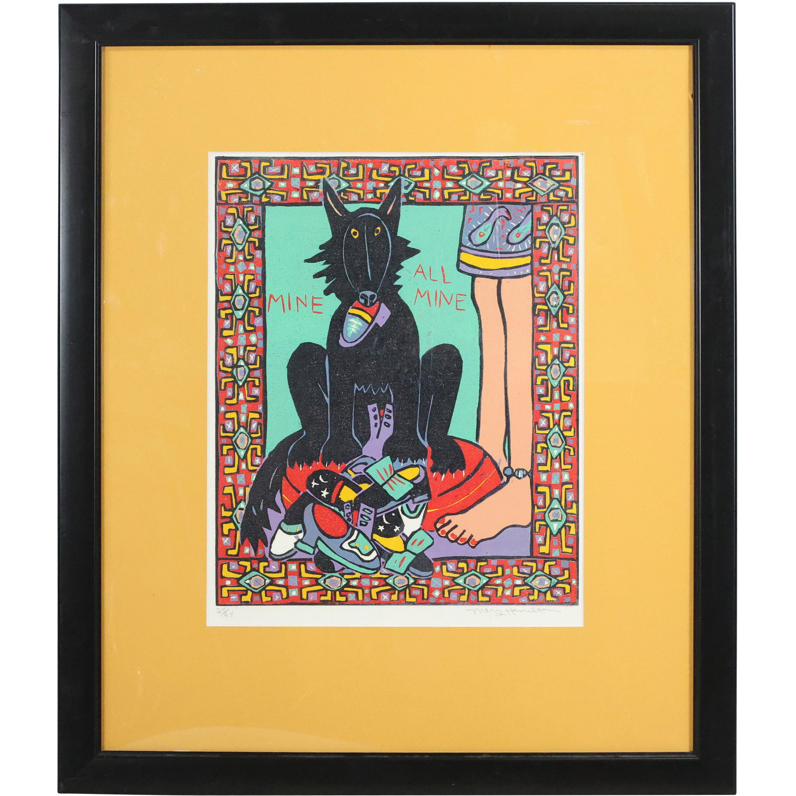 Mary Hamilton, Lithograph, Black Dog with Pile of Shoes, "Mine - All Mine": Mary Hamilton, Lithograph, Black Dog with Pile of Shoes, "Mine - All Mine"; Pencil Signed, Framed. size: 16 x 12.5 matte, 26.5 x 22.5 outside frame