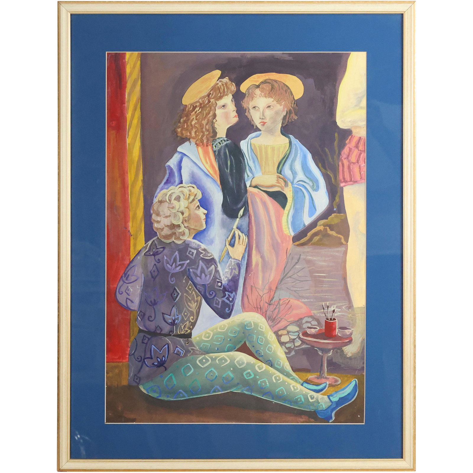 Russian Oil Painting of Three Renaissance Figures, One is an Artist: Russian Oil Painting of Three Renaissance Figures, One is an Artist. Framed. Personalized writing on verso. size: 23.75 x 16.5 matte, 30.25 x 23 outside frame