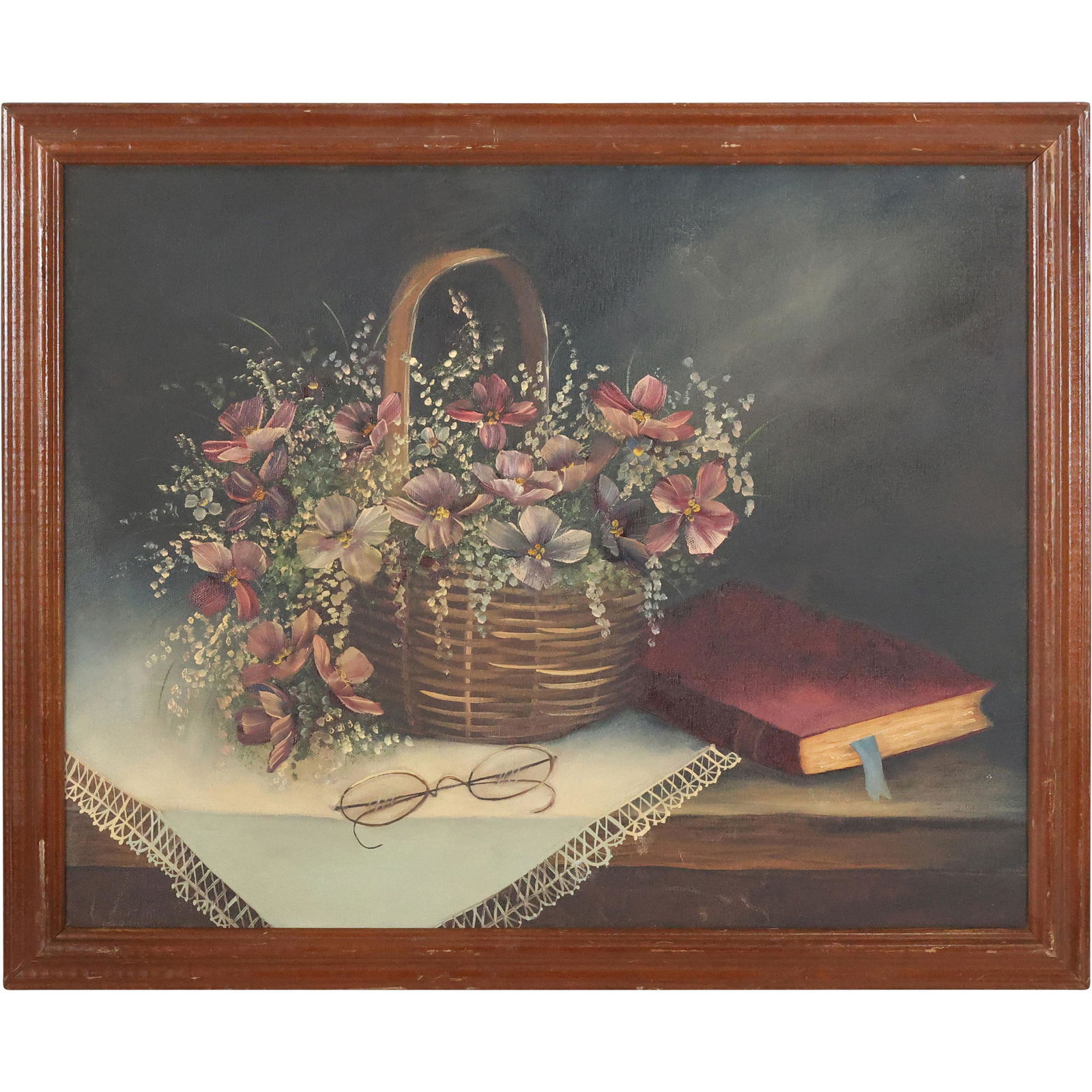Fine Vintage Table Top Still Life Oil Painting Basket of Flowers and Book (1 of 9)