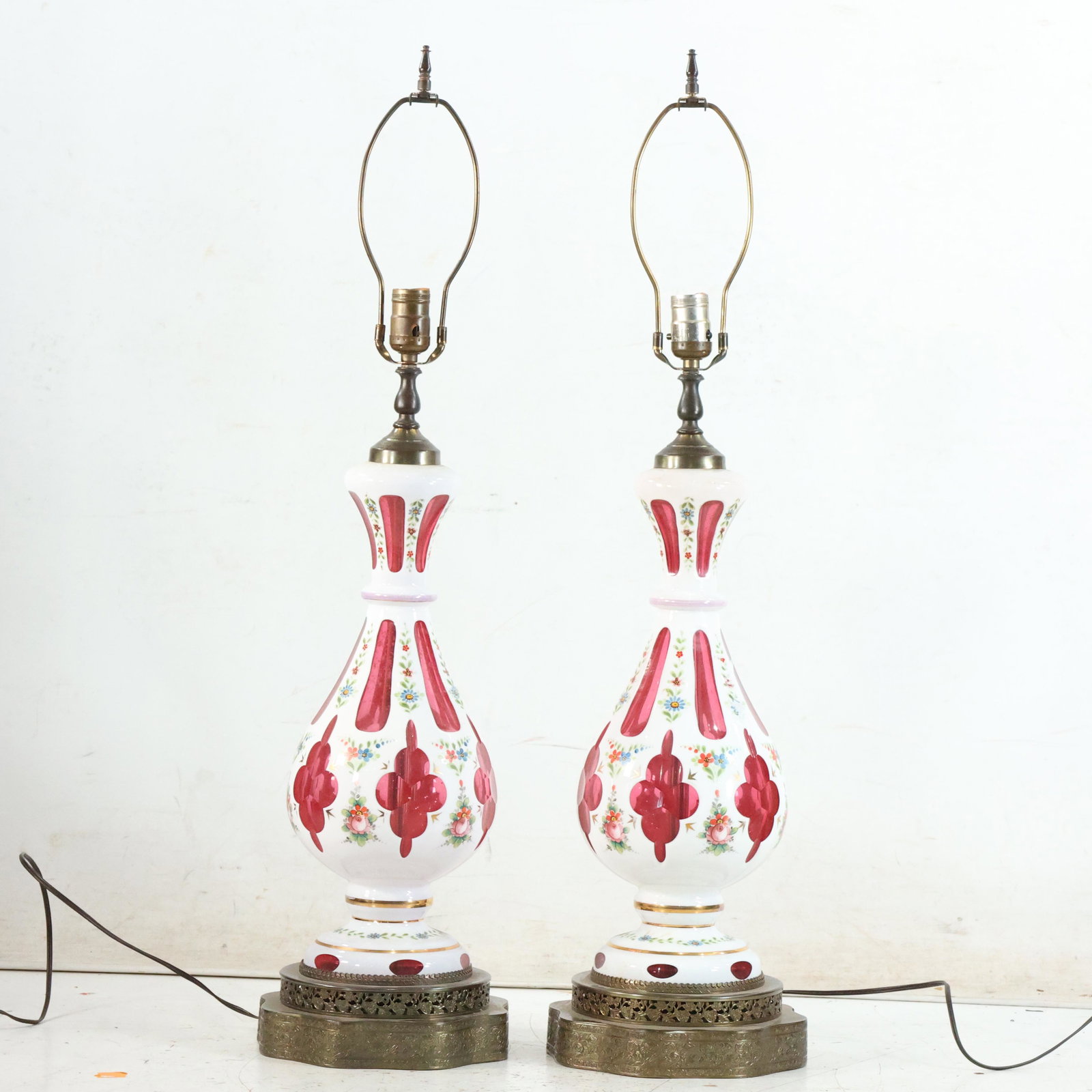 [2] TWO Bohemian Cased Glass Lamps Cut Cameo White to Cranberry, Hand Painted Flowers (1 of 8)