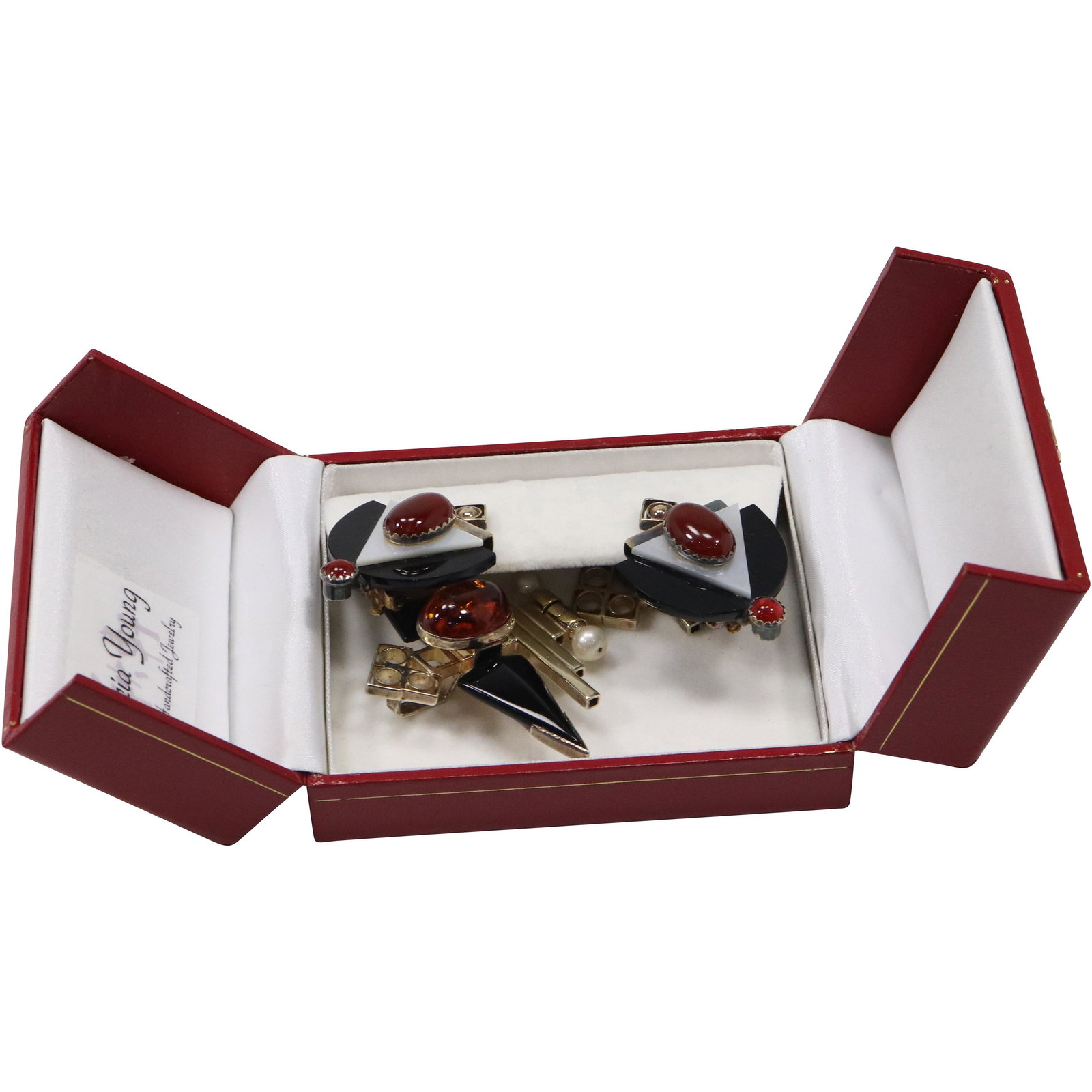 3 PC SET Tricia's Sterling Modern Design Black Onyx & Amber Pin and Earrings Pierced (1 of 11)