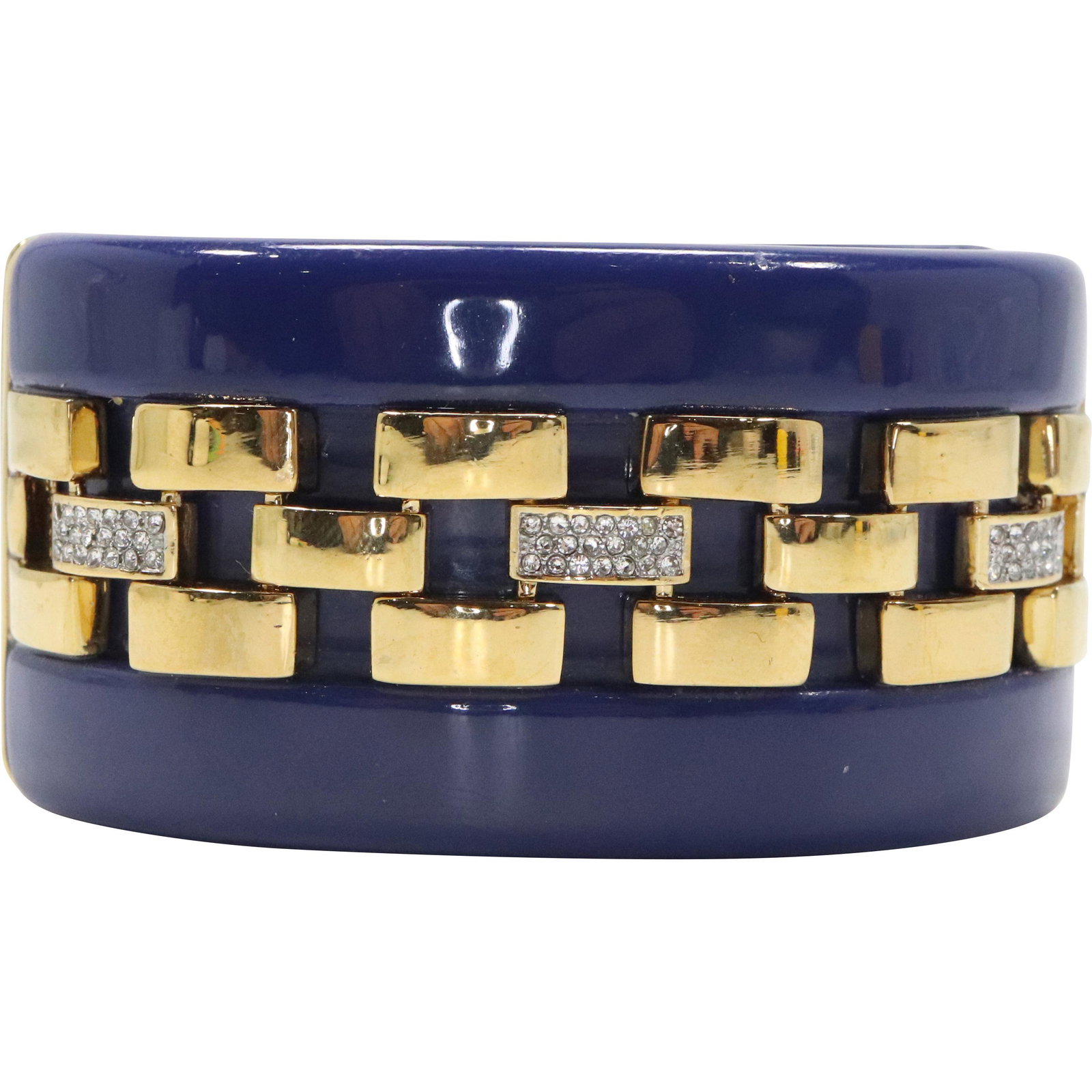 JUICY COUTURE Blue and Gold Tone Wide Band Bangle Bracelet: JUICY COUTURE Blue and Gold Tone Wide Band Bangle Bracelet. size: 2 1/2 x 3 x 1 5/8