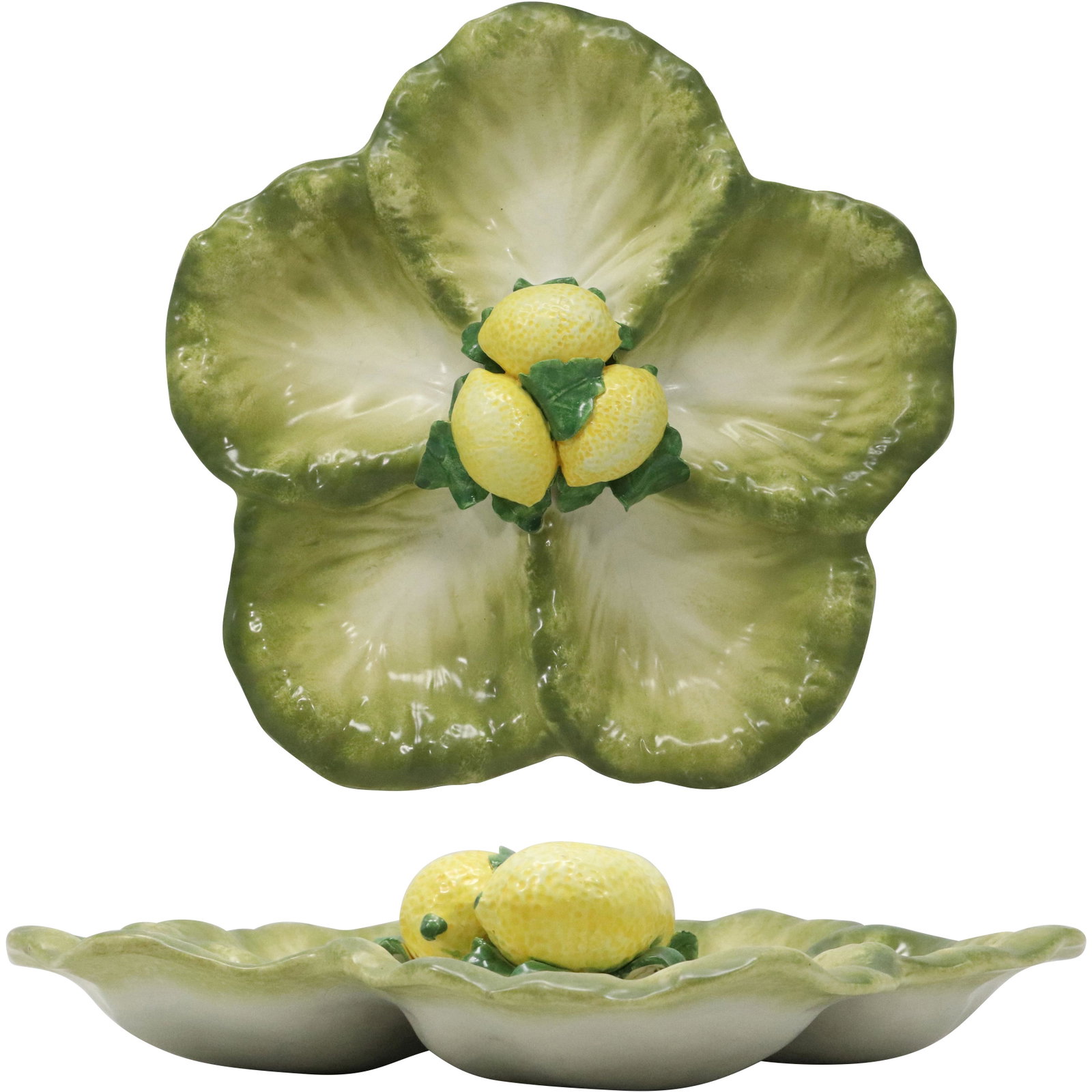 Italian Ceramic Clam Divided Dish with Embossed Lemons: Italian Ceramic Clam Divided Dish with Embossed Lemons. size: 4h 15.5w