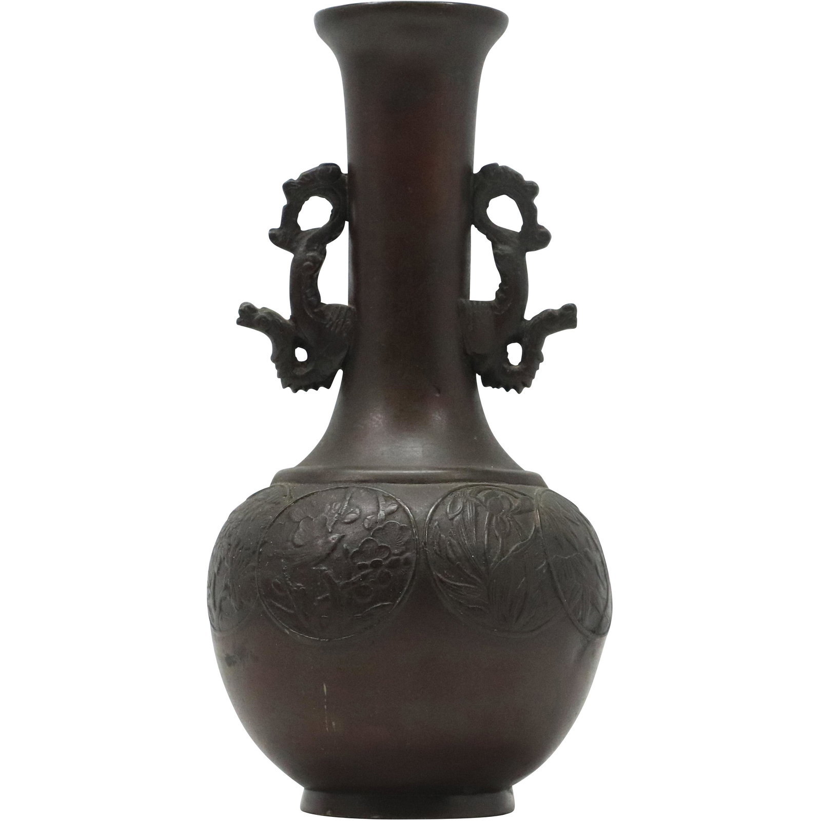 19th C. Chinese Bronze Vase with Bird & Floral panels (1 of 8)