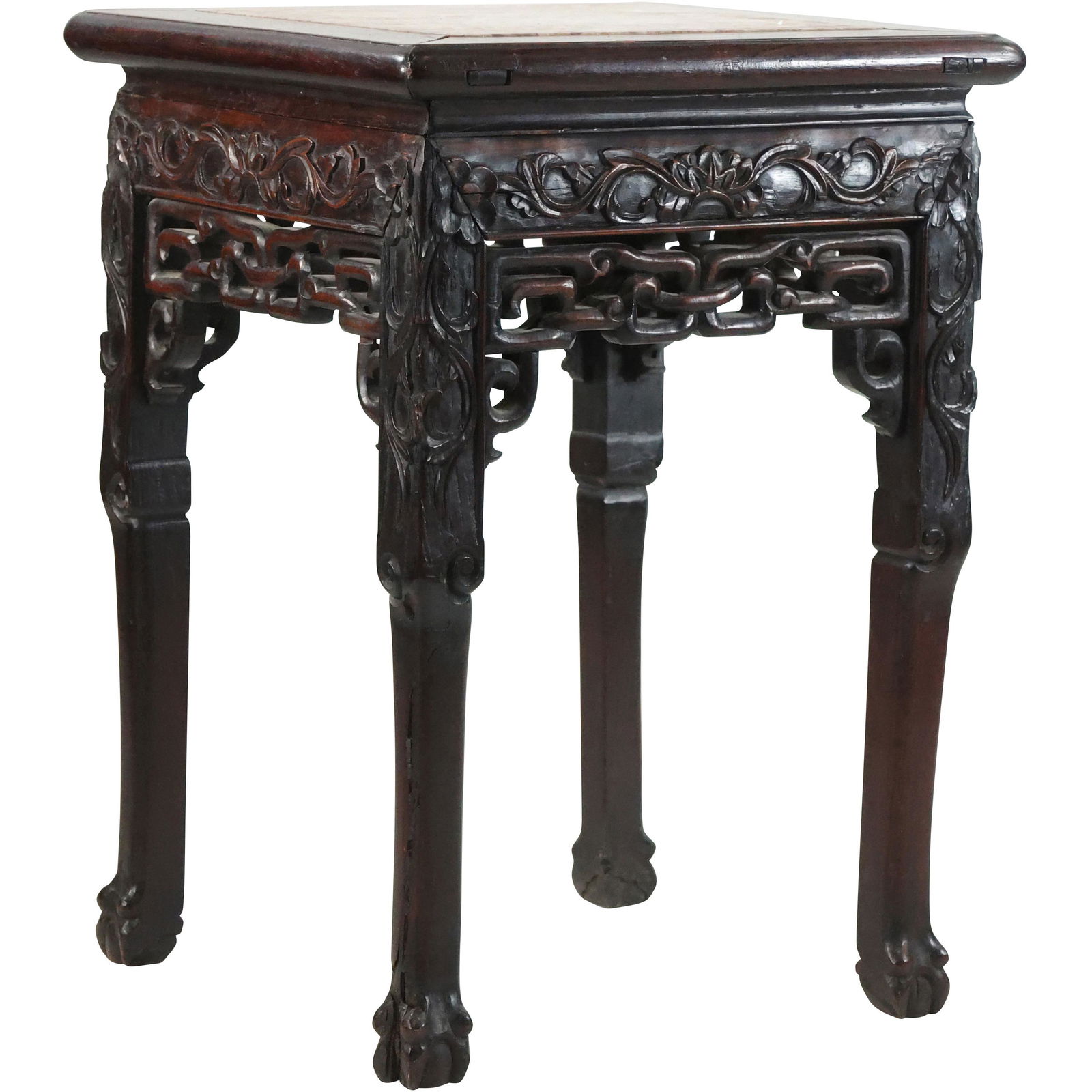 Antique Chinese Hand Carved Teak Taboret Stand with Rose Marble Inset Top (1 of 18)