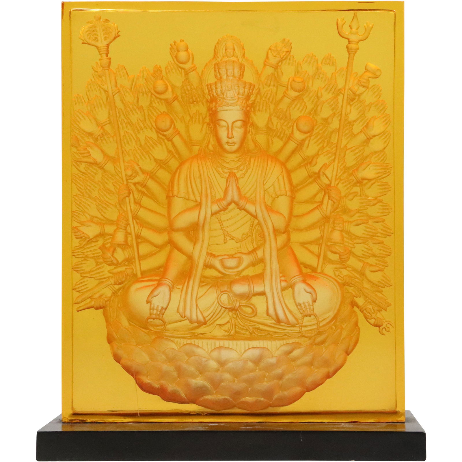 BUDDHA Embossed Amber Lucite Plaque on Base Stand: Buddha Embossed Amber Yellow Lucite PLaque on Base Stand. size: 12h 10w Good Condition
