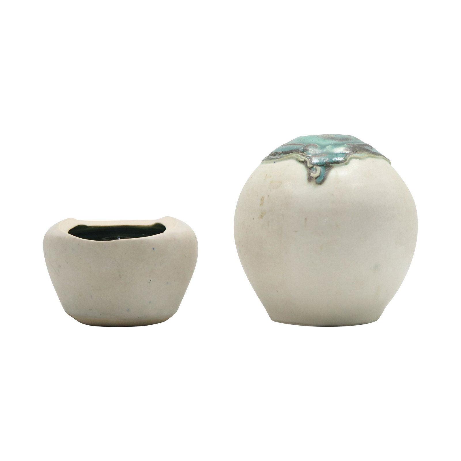 [2] Two Studio Art Pottery White & Green Glaze Vases Signed with Monogram (1 of 11)