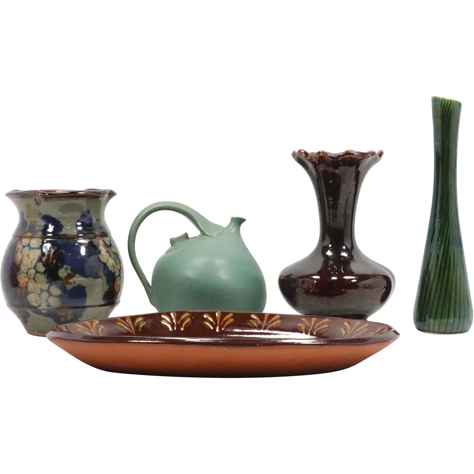 [5] Five Assorted Signed Studio Art Pottery Vases, Plate, Pitcher (1 of 18)