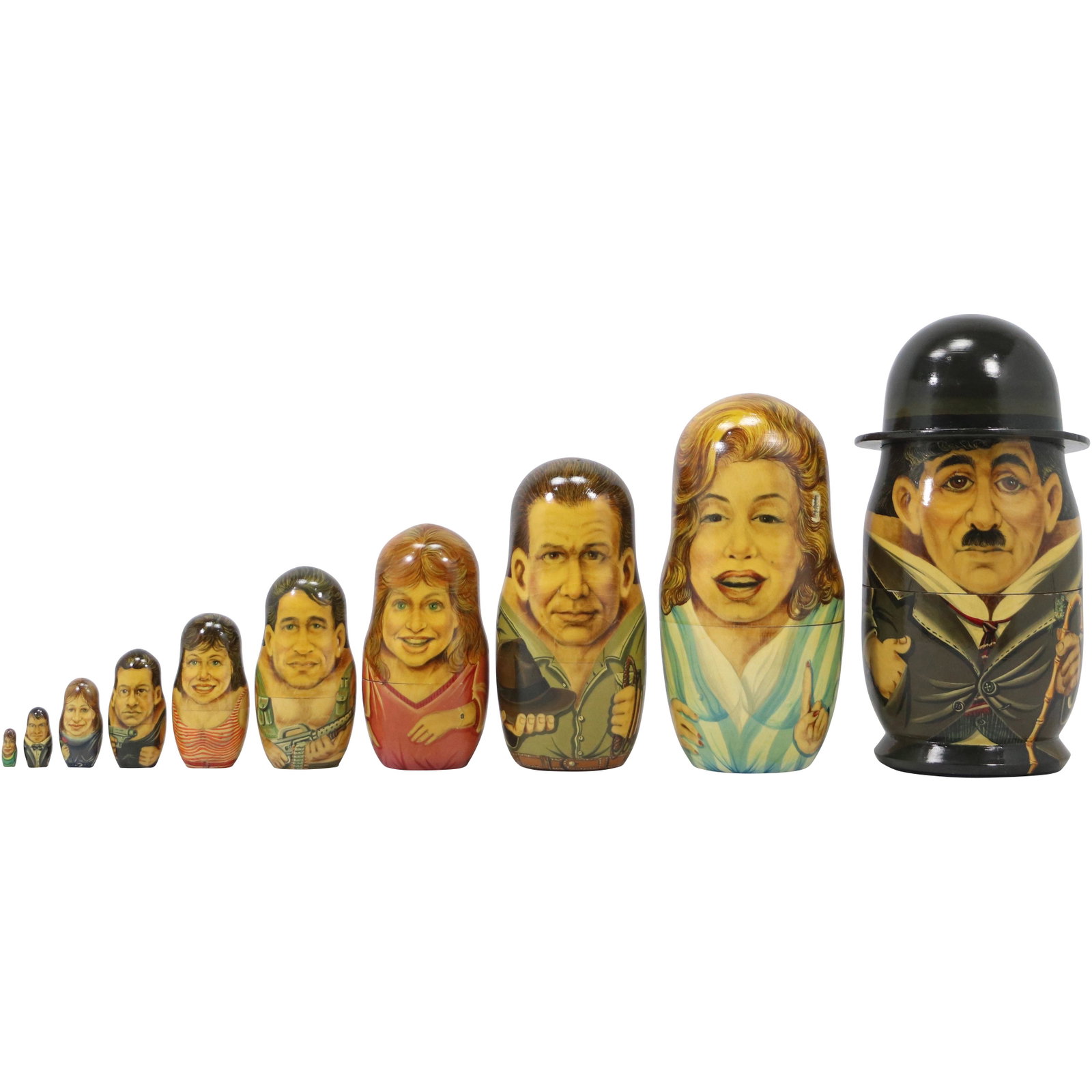 Nesting of 10 Russian Wooden Characted Dolls in Grauated Sizes D Fedorov, A Tihomirov 93: Nesting of 10 Russian Wooden Characted Dolls in Grauated Sizes D Fedorov, A Tihomirov 93. size: 10h 6w