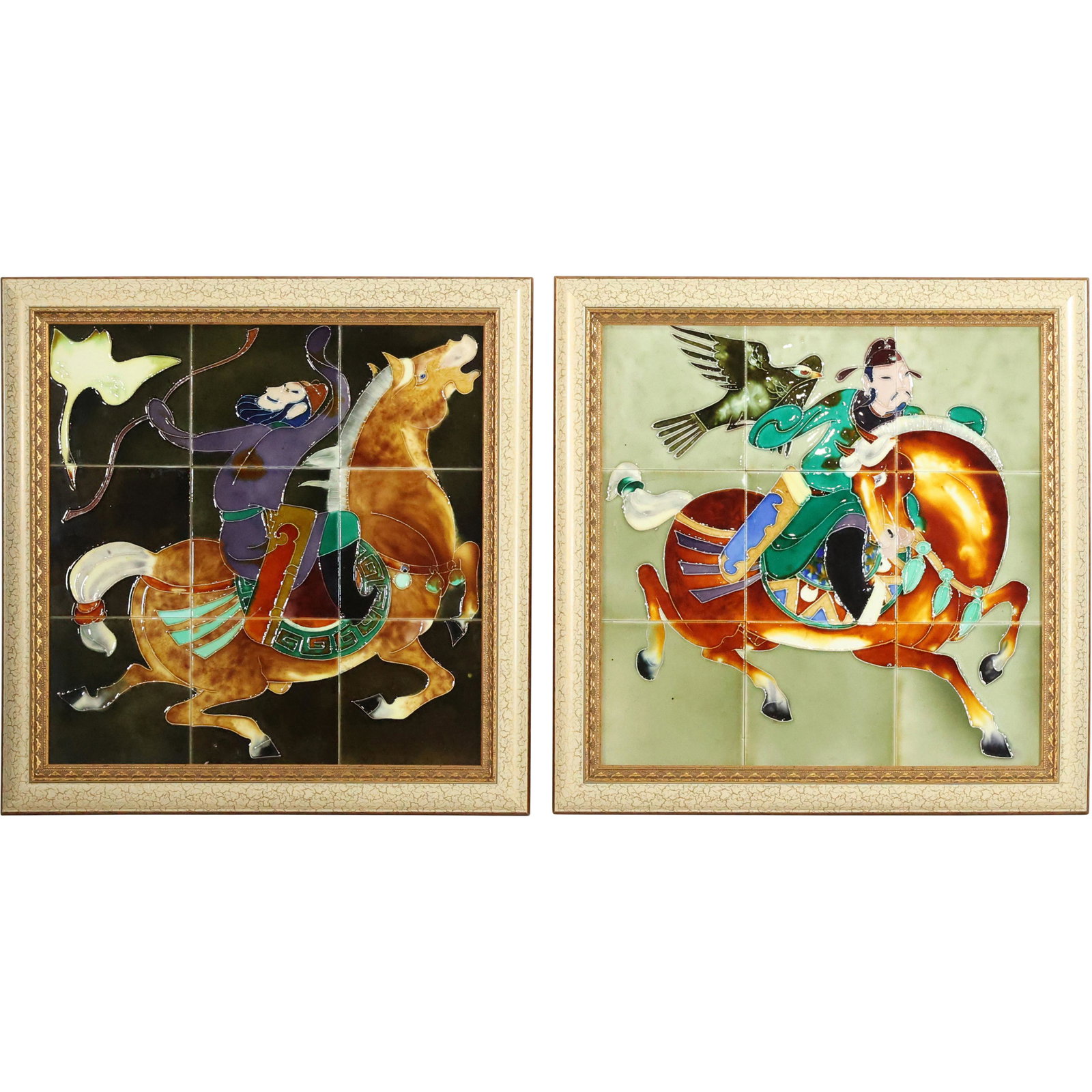 [2] Colorful Framed Chinese Tile Art Figures on Horses- Colorful Glazed Tiles (1 of 20)