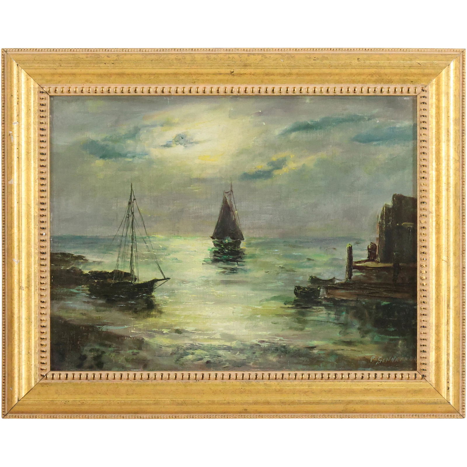 Frank Schneider 1881-1935 American Oilb Ships in Port. Oil on board painting. Signed (1 of 11)